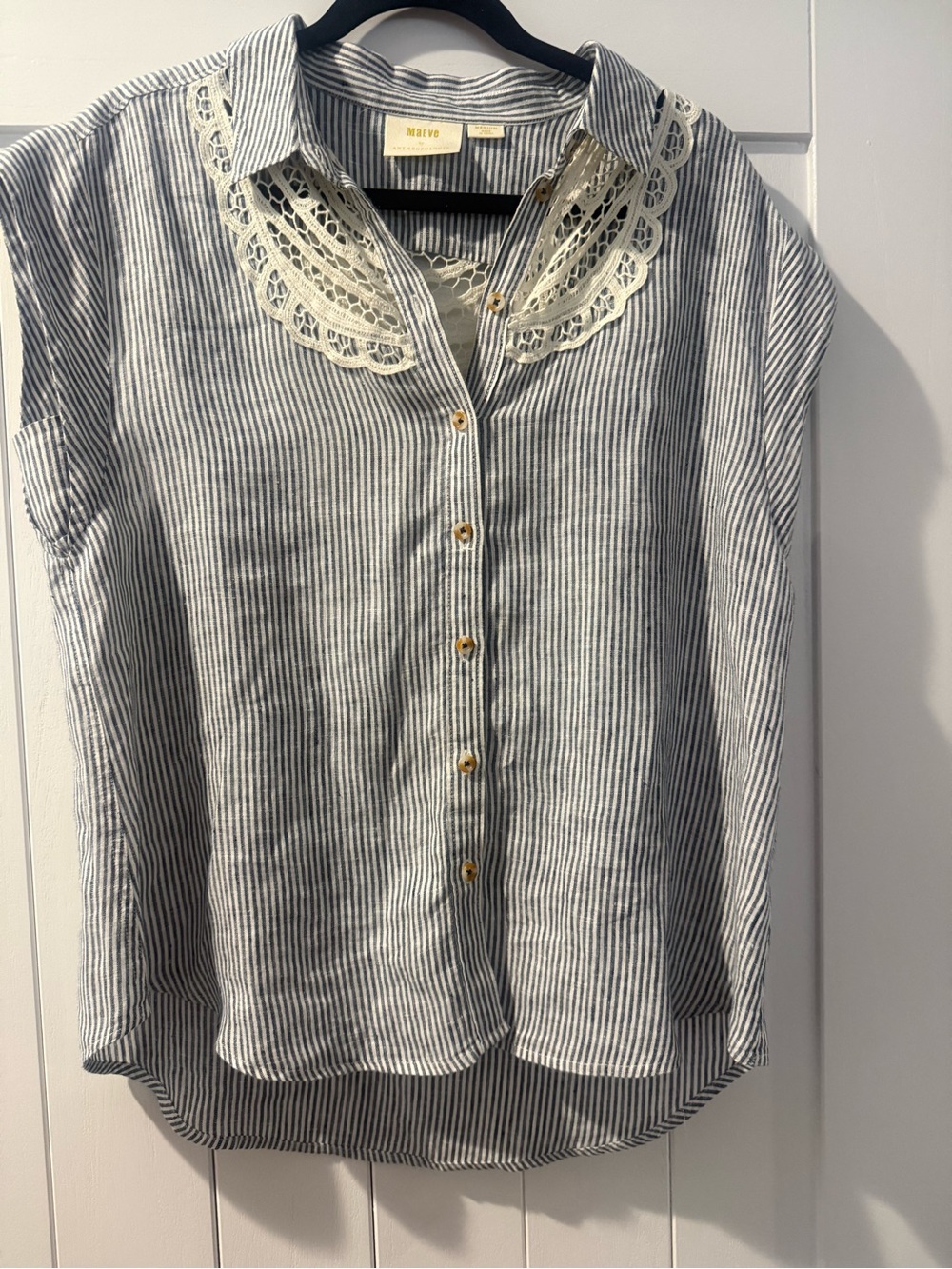 Anthropologie Blue and White Striped Lace-Collar Button-Up Top